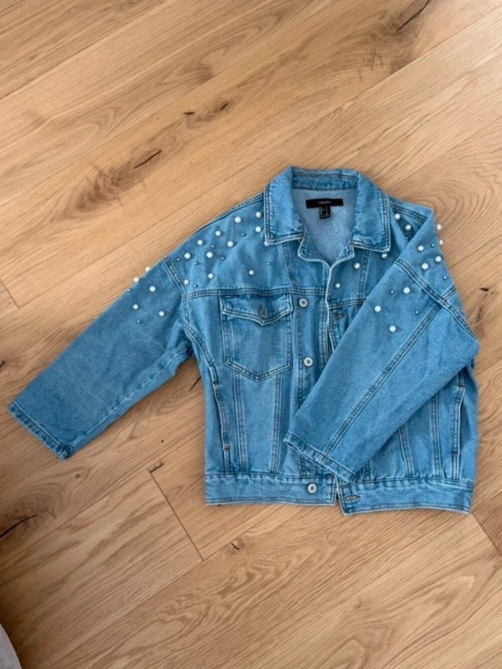 Light Wash Pearl Embellished Denim Jacket Size S